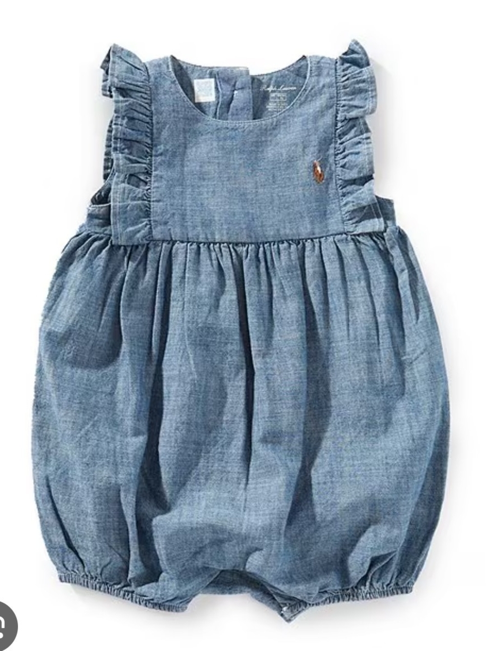 Ralph Lauren Denim-Effect Baby Girl Bubble Romper in Light Blue 0-3 Months
